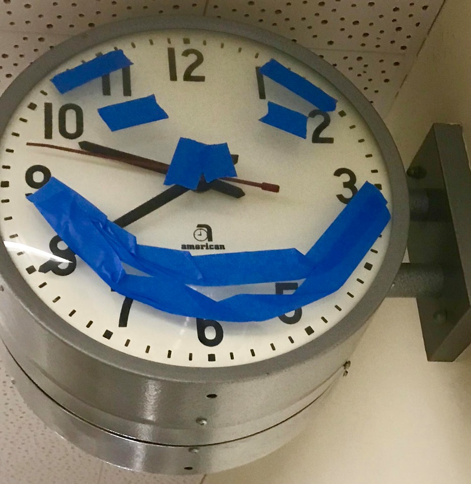 Someone thought that this hallway clock in UCSB's Harold Frank Hall should be given a personality!