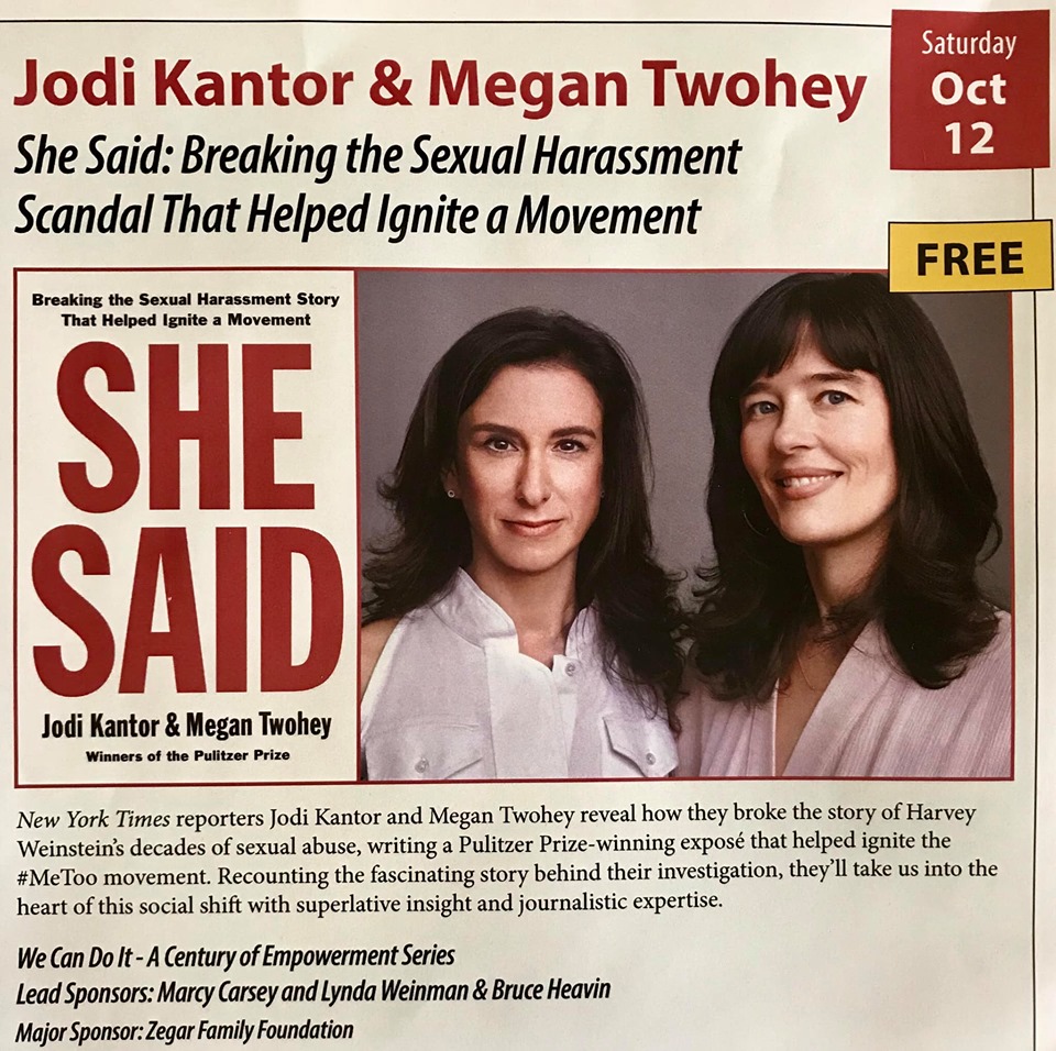 Jodi Kantor and Megan Twohey, NYT reporters who broke the Harvey Weinstein sexual misconduct case will be coming to UCSB on October 12, 7:30 PM