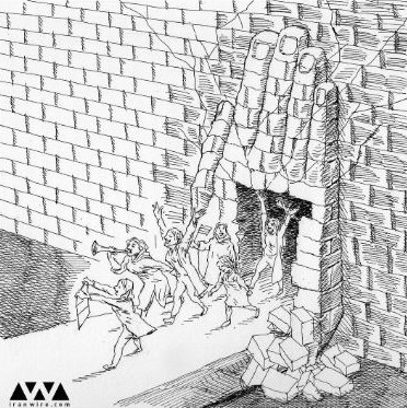 Cartoon showing Iranian women breaking stadium walls to get in