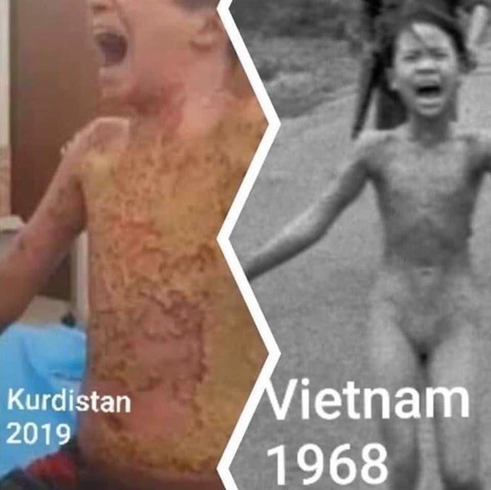 Results of napalm bombing in Vietnam, 1968, and Kurdistan, 2019