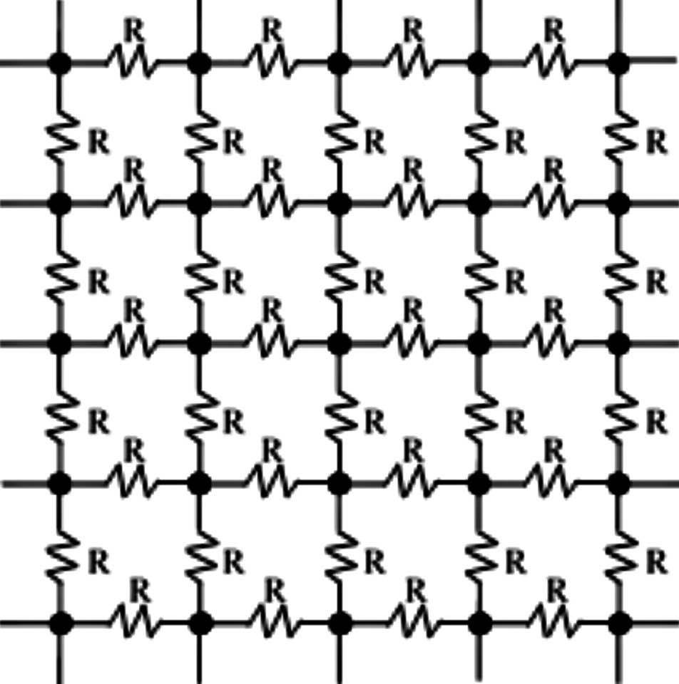 Regular, infinite grid of identical resistors