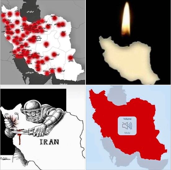 Four examples of many memes on the Internet about the isolation and massacre of the people of Iran by a dictatorial regime