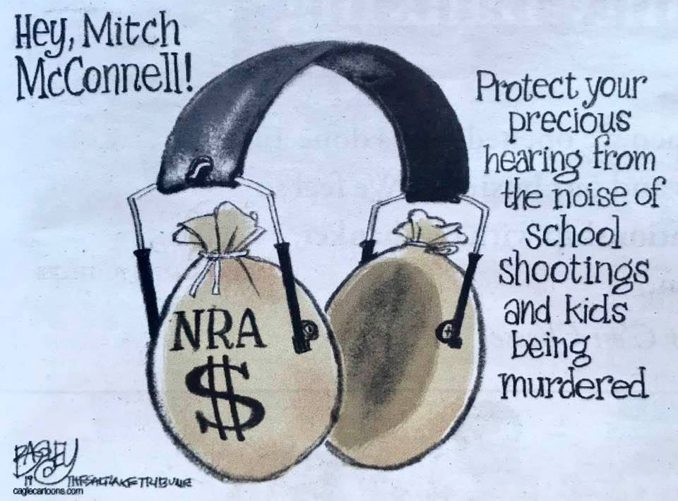 Cartoon: Protection for Mitch McConnell, so that the noise of school shootings and kids being killed do not damage his ears