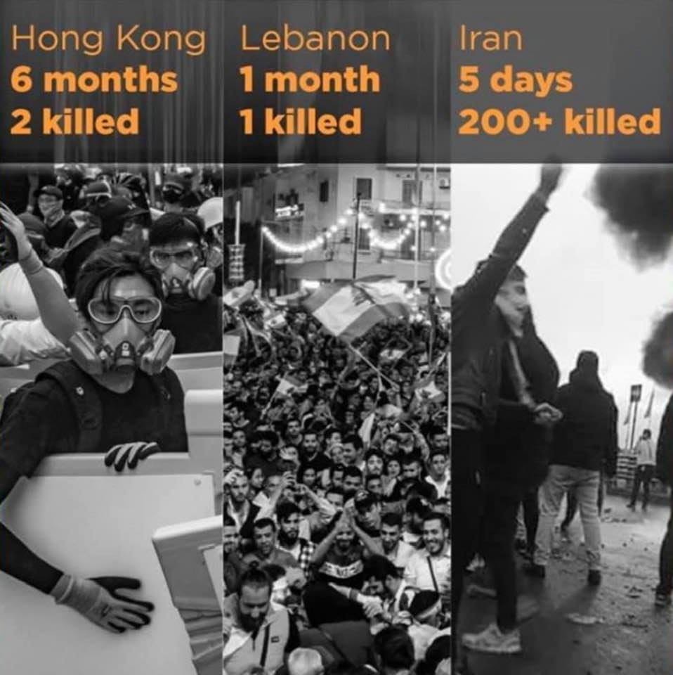 A simple comparison of how protesters have been treated by three dictatorial regimes: Hong Kong, Lebanon, Iran
