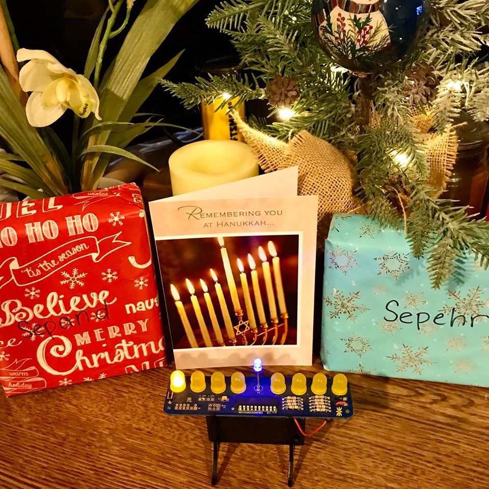 Happy Hanukkah: I am using a battery-operated LED menorah assembled from a kit by my daughter several years ago