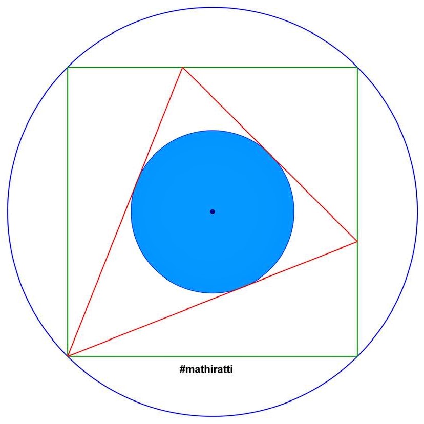 Math puzzle: In this diagram, containing two concentric circles, a square, and a triangle, what fraction of the big circle's area is shaded blue?