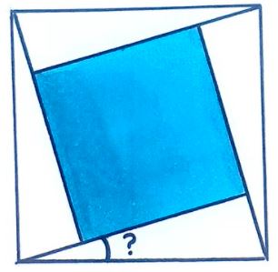 Math puzzle: The blue square's area is one-half that of the outer square's. What's the measure of the unknown angle?