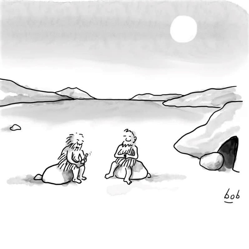 New Yorker cartoon: 'I keep writing Stone Age instead of Bronze Age on all my checks'