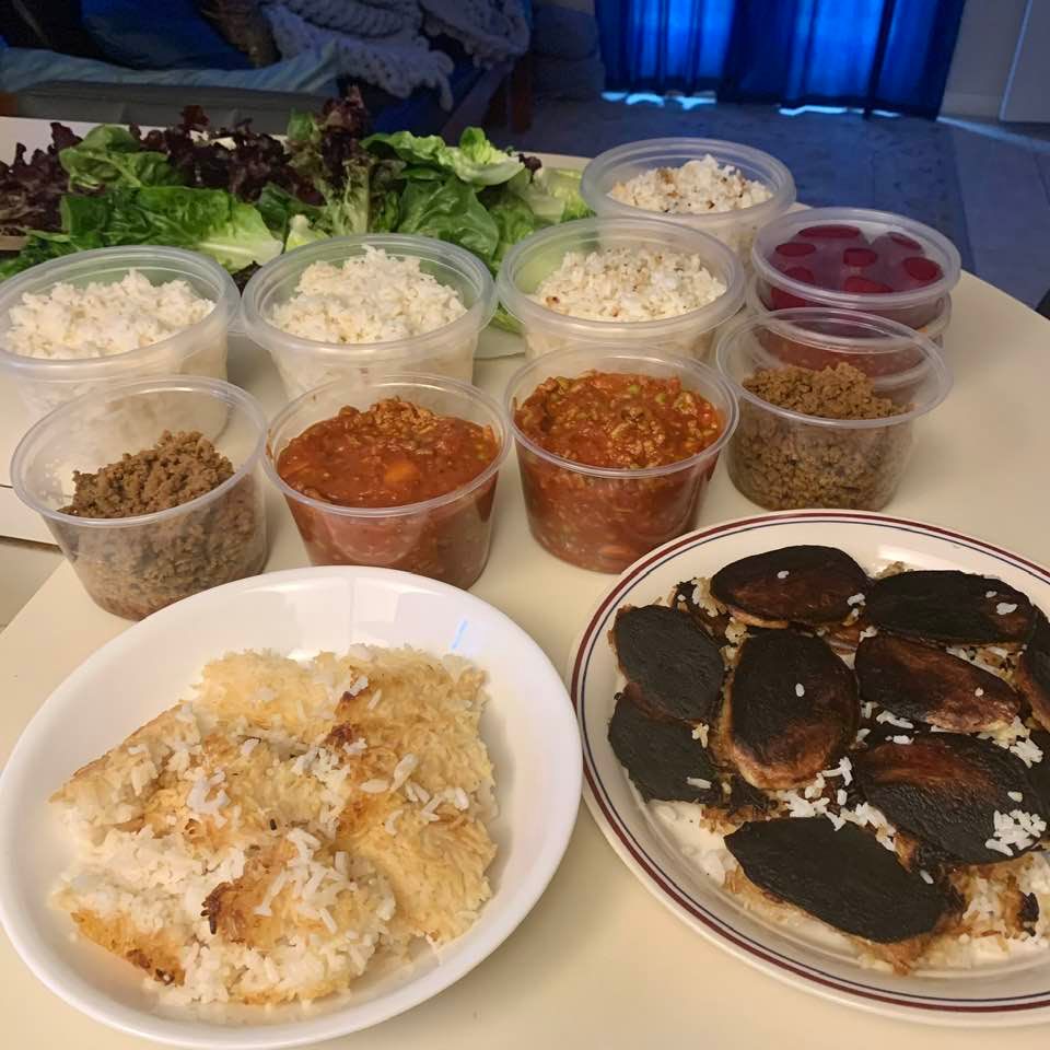 Results of Monday's food prep: Rice with tah-dig, pasta sauce with meat, and taco meat