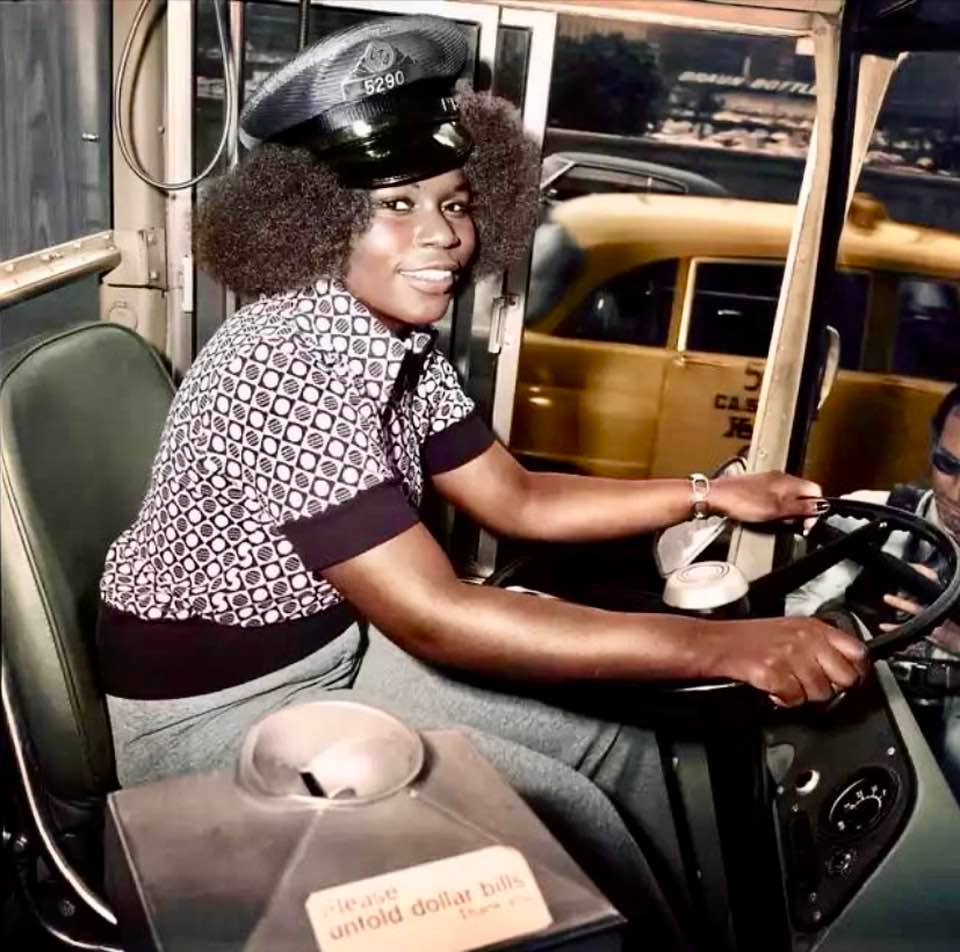 Colorized photo of Mary Wallace, the first female bus driver of Chicago Transit Authority, 1974
