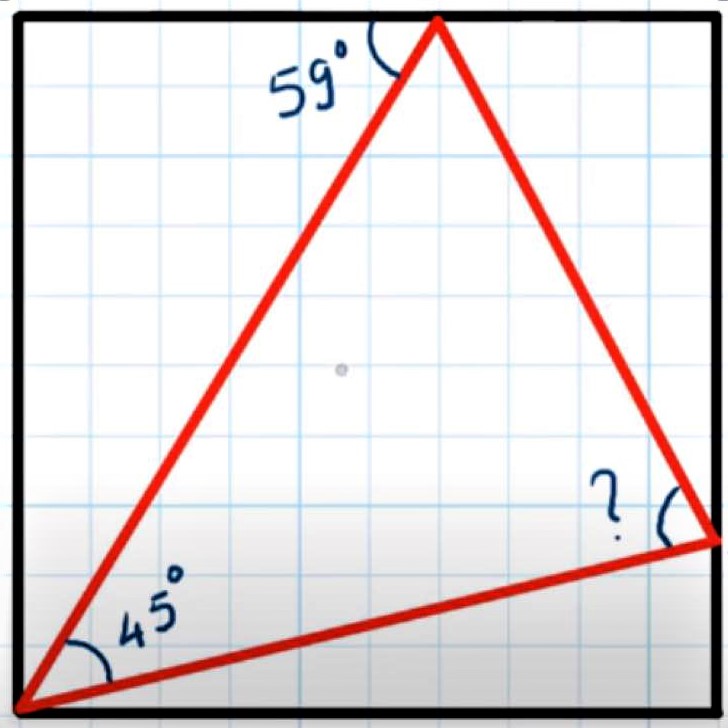 Math puzzle: In the triangle within the square, what is the measure of the angle labled with a question mark?