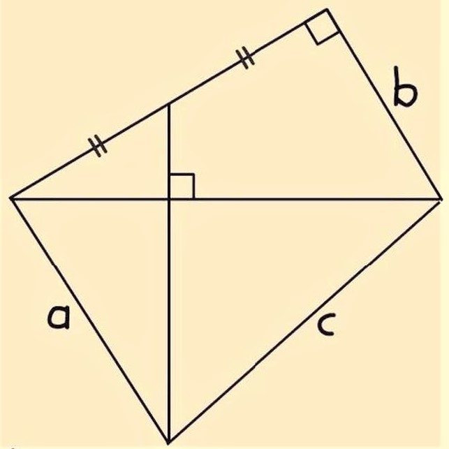 Math puzzle involving a quadrangle, one of whose sides is divided into two equal segments