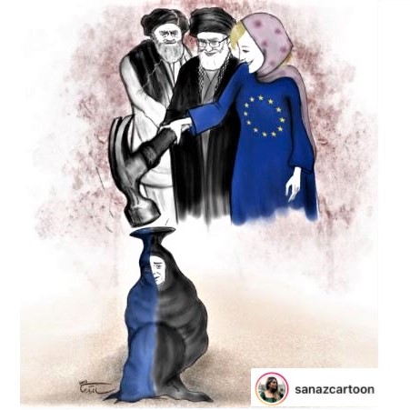 Cartoon: Western feminists, who wear the hijab in front of Iranian mullahs and the Taliban, are complicit in the oppression of women in the Islamic world