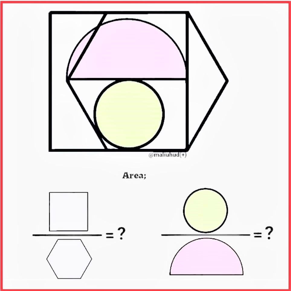 Math puzzle: Determine the ratios of the shown areas in this diagram involving a square, a regular hexagon, a half-circle, and a circle