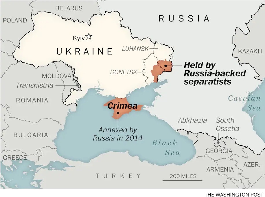 Map of Ukraine, showing areas invaded by Russia