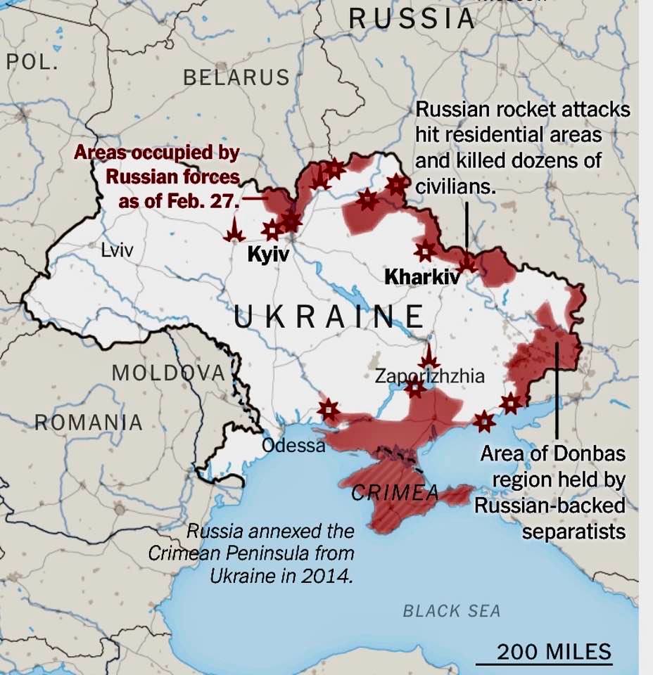Ukraine map showing areas invaded by Russia