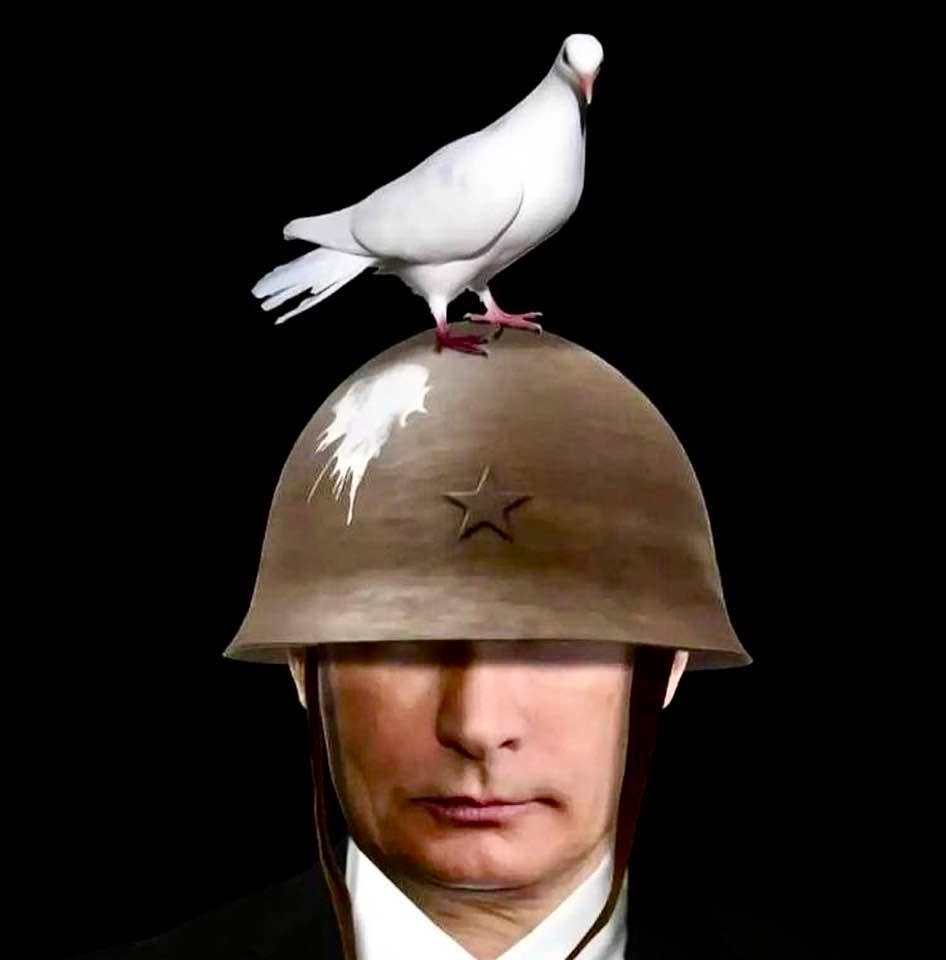 Image of Putin, with the Peace Dove crapping on his helmet