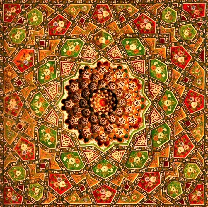 Colorful symmetry: Bolo Hauz mosque, Bukhara, Uzbekistan