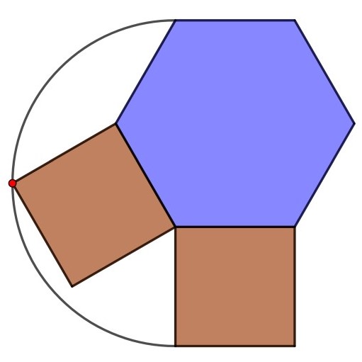 Math puzzle: Shown are a regular hexagon, two squares, and a semicircle. Is the red vertex located on the semicircle?