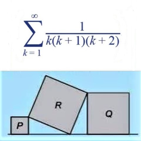 Two math puzzles: Compute the infinite sum and derive a relationship between the areas P, Q, and R of the three squares shown