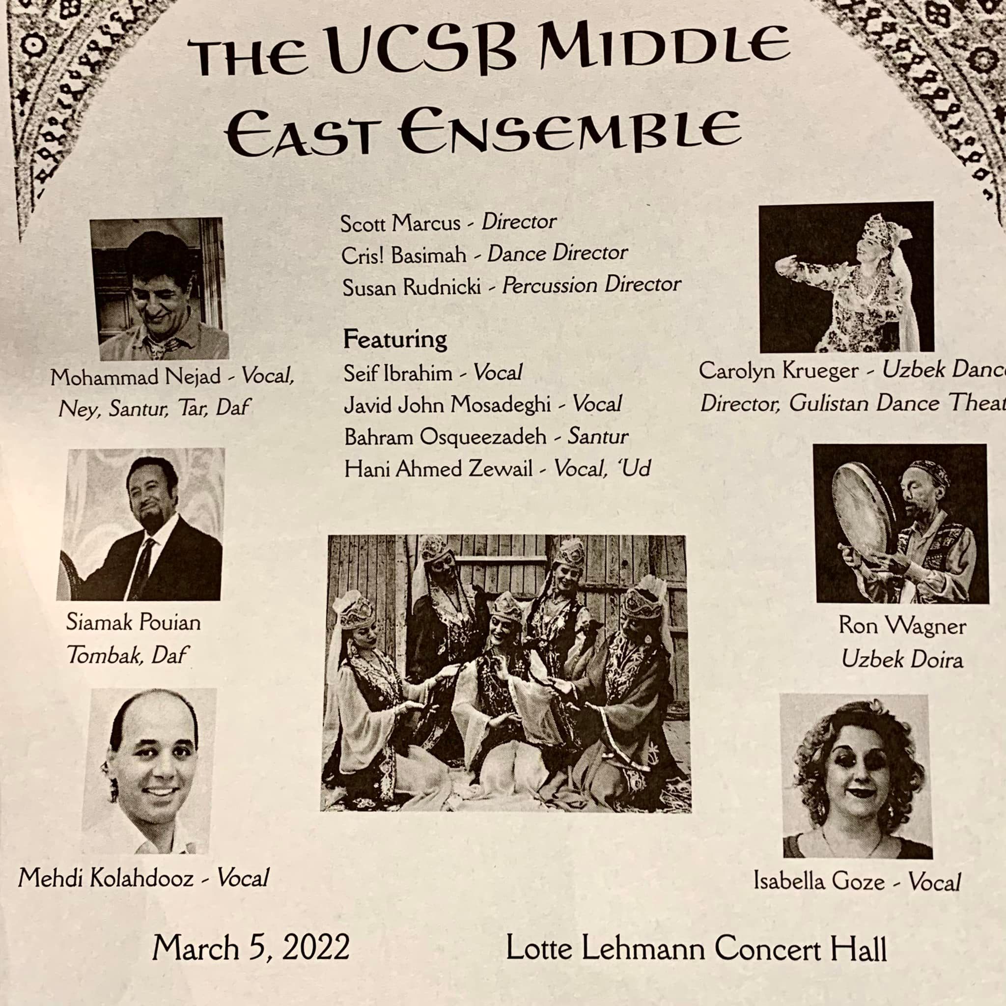 UCSB Middle East Ensemble: Cover of the March 5, 2022, concert booklet