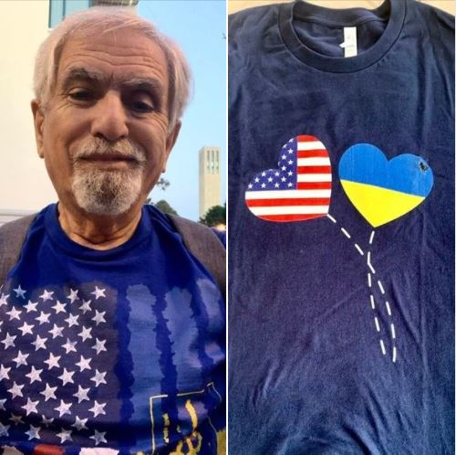 Wearing one of my two Ukraine support T-shirts, as I walked home at the end of very busy day on the UCSB campus