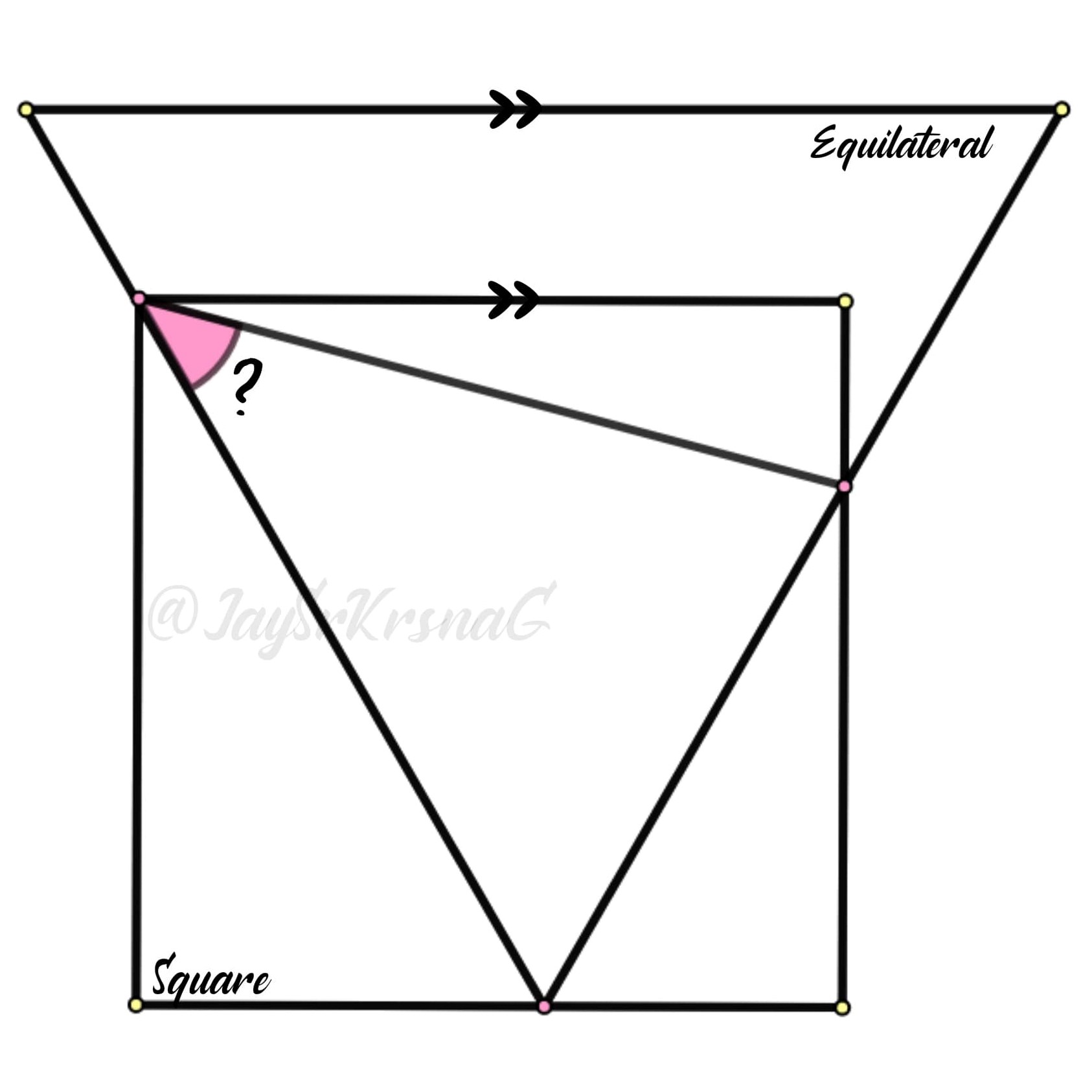 Math puzzle: Find the measure of the pink angle in this diagram with a square and an equilateral triangle