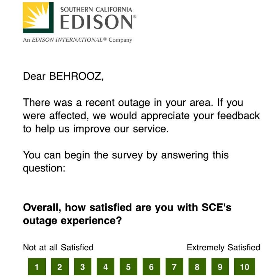 Survey: Southern California Edison wants to know how satisfied I was with a 2.5-hour power outage 'experience'!