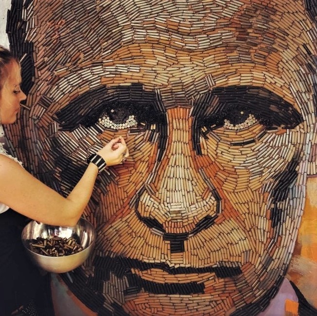 Portrait of Putin, made with 5000 bullet casings, by Dariya Marchenko