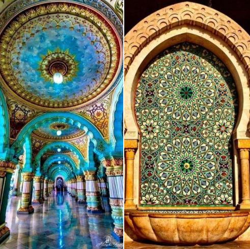 Architectural marvels: Mysore Palace in India and fountain at Hassan II Mosque in Casablanca, Morocco