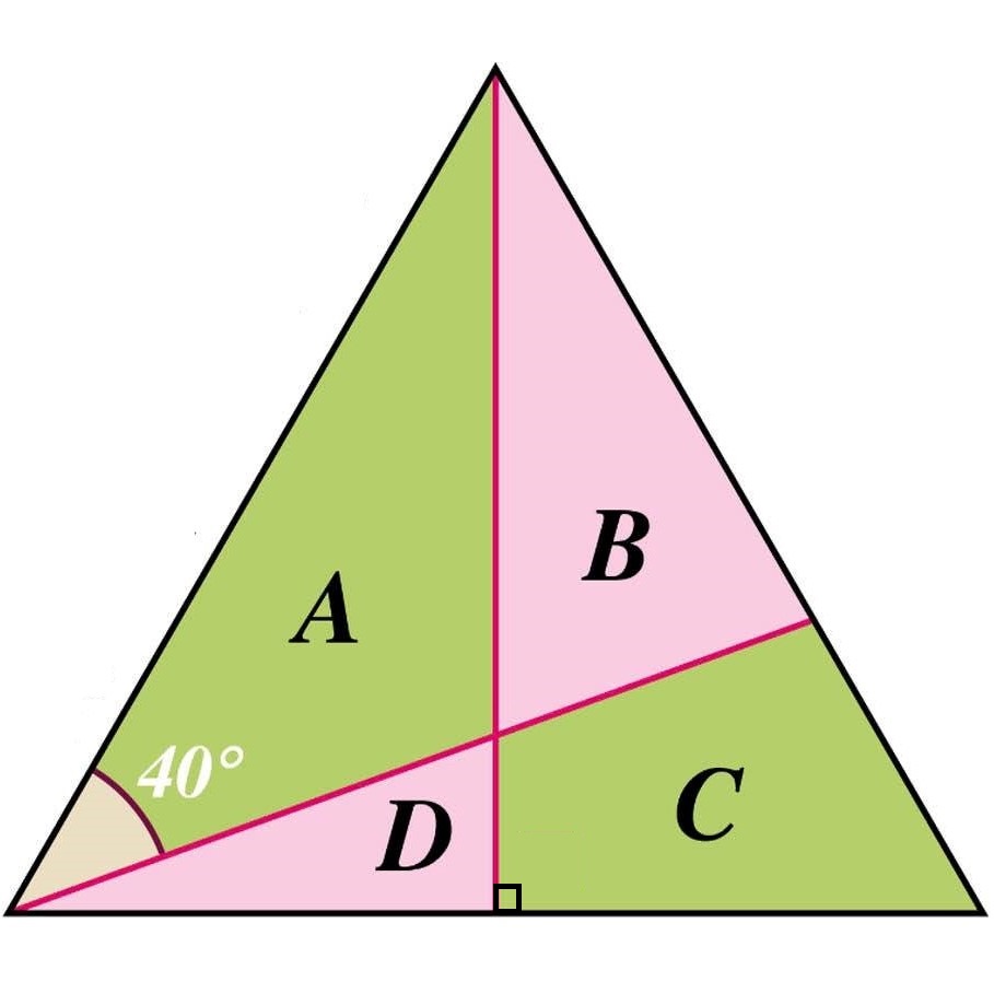 Math puzzle: Determine the areas of the triangles A, B, C, and D as fractions of the area of the equilateral triangle