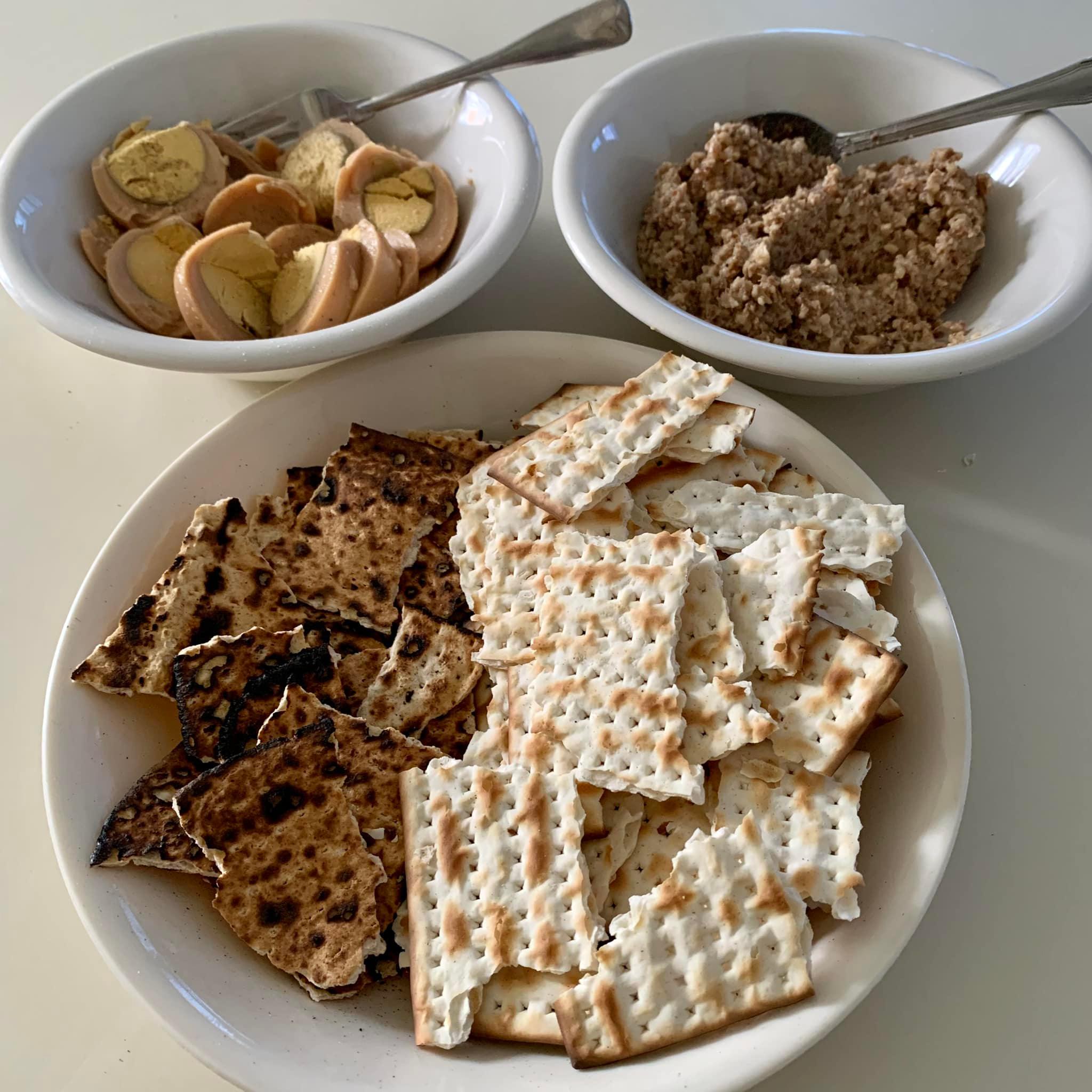 Traditional Passover breakfast items: Matzohs, halegh, and hard-boiled eggs