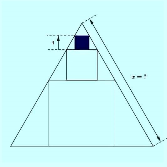 Math puzzle: Shown are an equilateral triangle and three squares, the smallest of which is unit square. What is the triangle's side length?