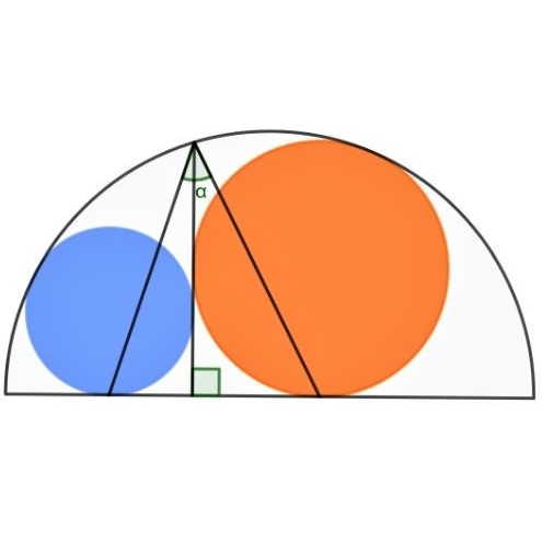 Math puzzle: Two circles are inscribed in a semicircle, with both of them tangent to an altitude. What is the measure of the angle alpha?