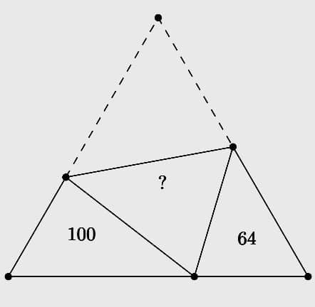 Math puzzle: An equilateral triangle is divided into 4 triangles, with the areas of two of them given. Find the area of the middle triangle