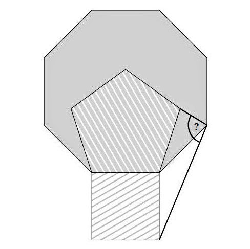 Math puzzle: We have regular octagon, a regular pentagon, and a square, as shown. What is the measure of the angle marked?