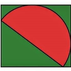 Math puzzle: Shown are a rectangle of height 8 and width 9, along with a semi-circle. What is the ratio of the red area to the green area?