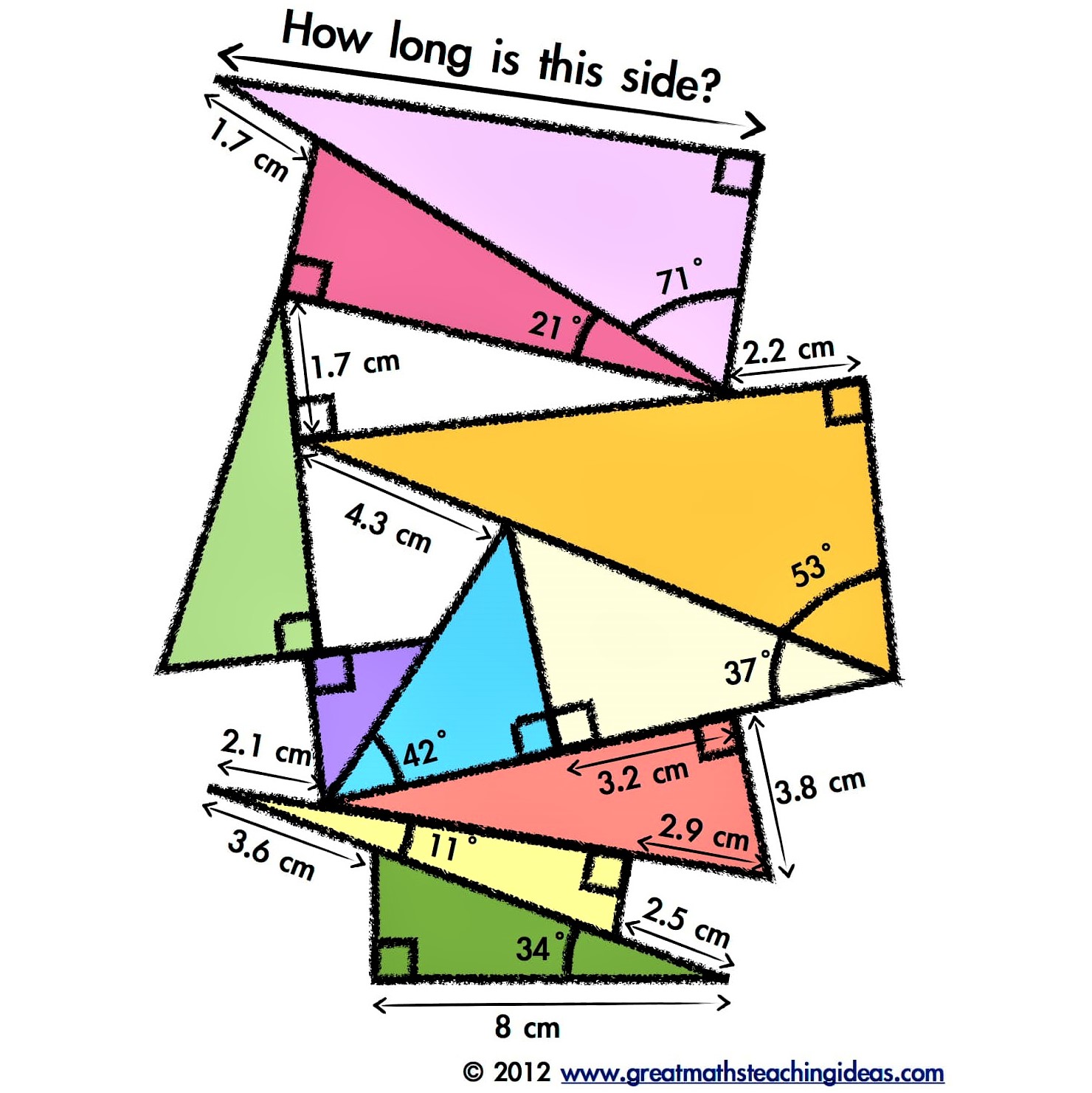 Math puzzle: In this messy pile-up of geometric shapes, find the length of the top side of triangle sitting on the pile