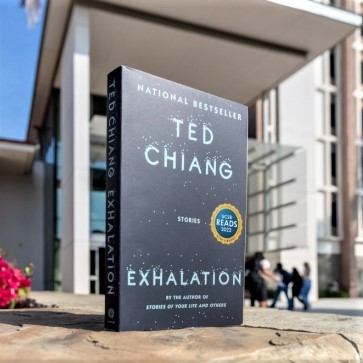 UCSB's Davidson Library, with a display of Ted Chiang's 'Exhalation: Stories' in front of it