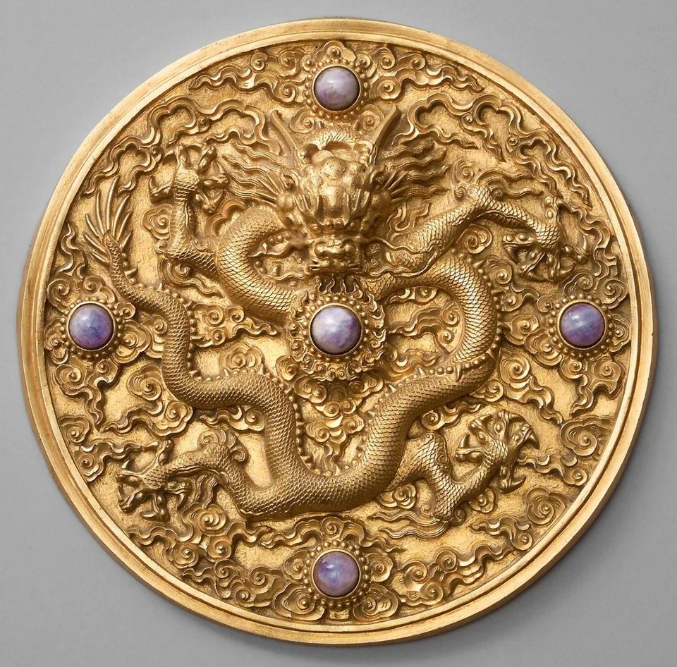 Chinese history: Gilded medallion with a dragon and five amethyst spheres (Qing Dynasty, 1736-1795)