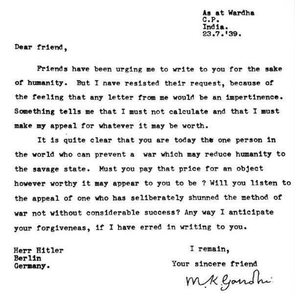 Historical document: Mahatma Gandhi's 1939 letter to Adolf Hitler