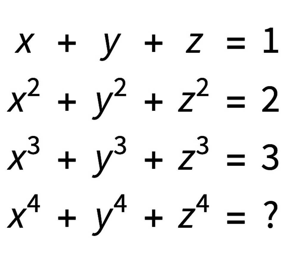 Math puzzle: The first three equations can be used to find x, y, and z, but, as is the case for nearly all puzzles, there is a shortcut