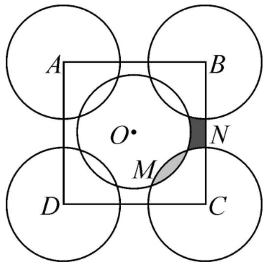 Math puzzle: Five circles of radius 2 are centered at the four vertices and center of a square of side length 5