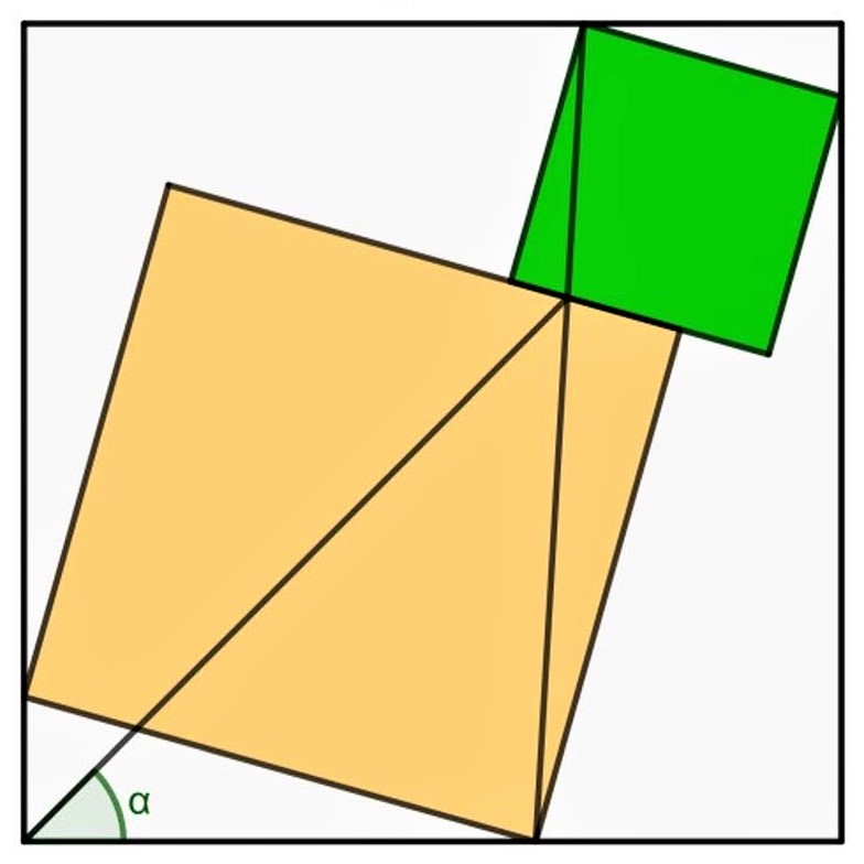 Math puzzle: We have 3 squares and 2 line-segments, as shown. Find the measure of the angle alpha