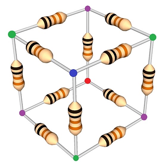 Physics puzzle: This 3D cube is made of R-ohm resistors. What is the resistance between two opposite corners?