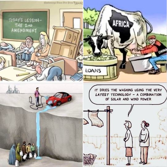 Cartoons: Second Amendment, milking Africa, water for the masses, using solar & wind power