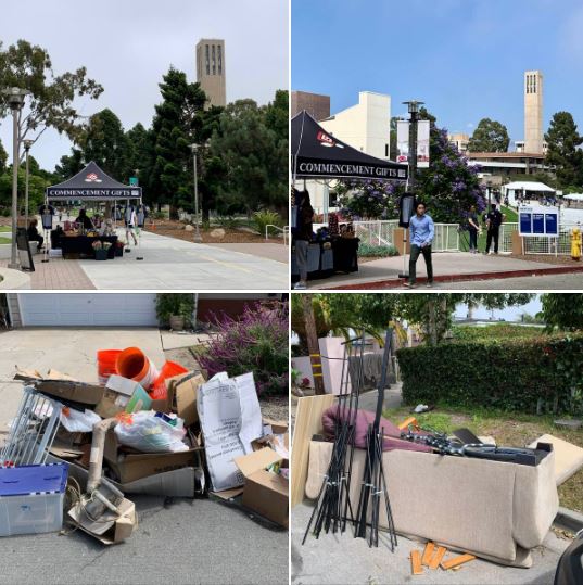 Commencement gift booths and trash resulting from students getting ready to move out