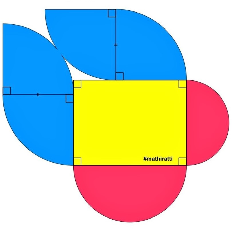 Math puzzle: In this diagram, with a rectangle, two semi-circles, and four quarter-circles, find the ratio of the blue area to the red area