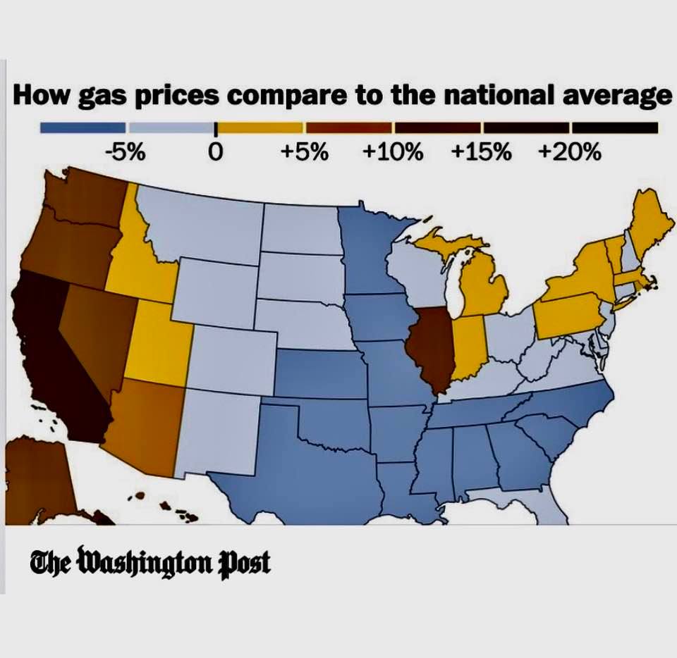 Gas prices across the US, compared with the national average
