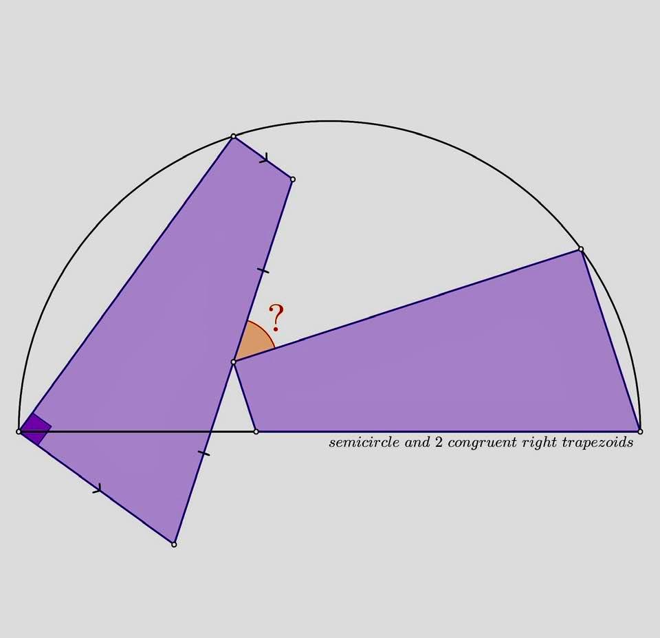 Math puzzle: Shown are a semicircle and two congruent right trapezoids. What is the measure of the marked angle?